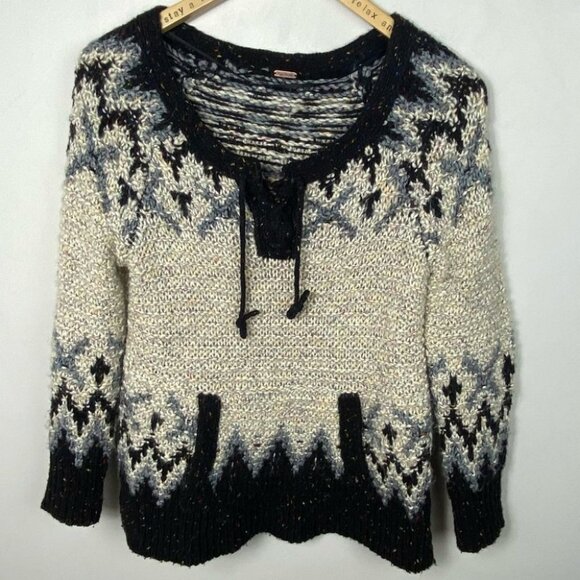 Free People Fair Isle Mohair Alpaca‎ Knit Sweater Size Small Chunky Pockets Boho - Picture 3 of 8